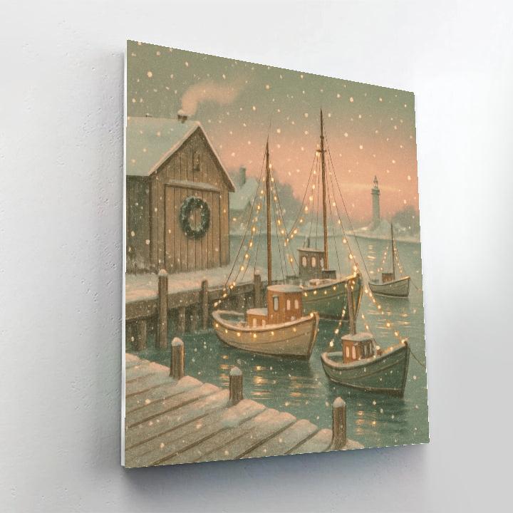 Peaceful Winter Harbor Holiday Lights Number painting