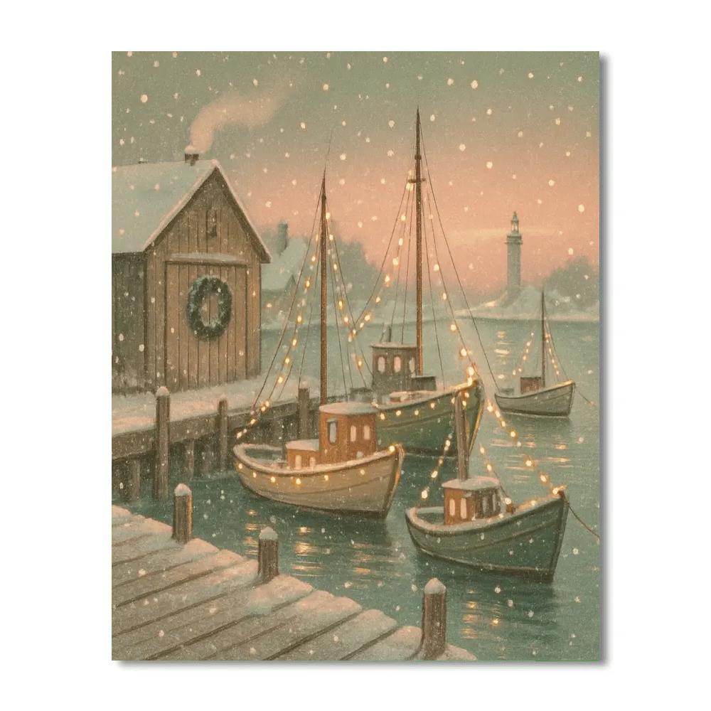 Peaceful Winter Harbor Holiday Lights Number painting
