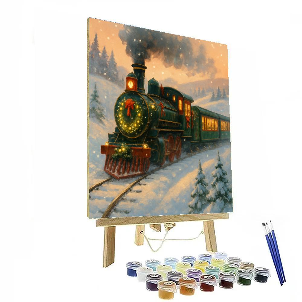 Festive Train Ride Through Snowy Hills paint by color