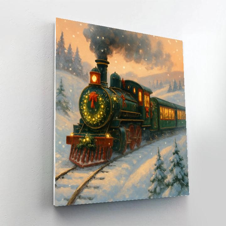 Festive Train Ride Through Snowy Hills paint by color