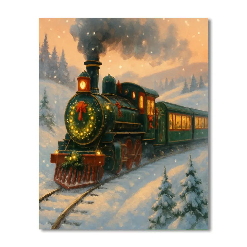 Festive Train Ride Through Snowy Hills paint by color
