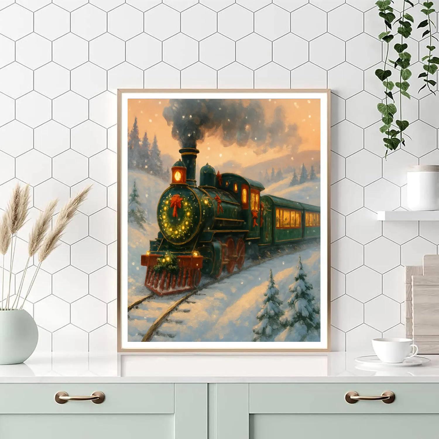 Festive Train Ride Through Snowy Hills paint by color