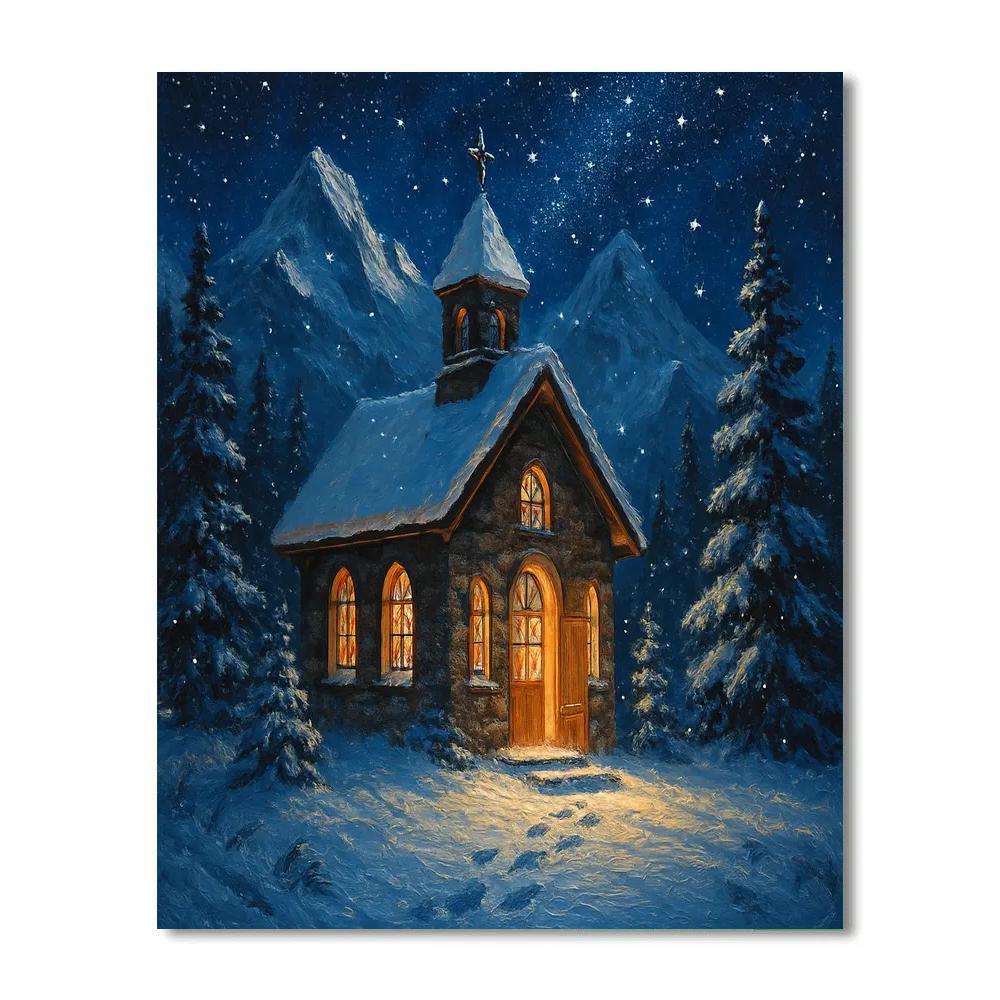 Silent Night Mountain Chapel Glow Paint by numbers art