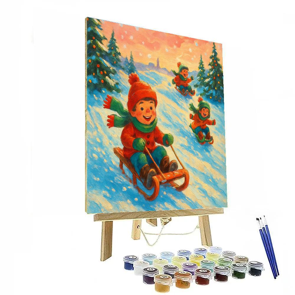Playful Sledding Hills Winter Joy Number painting