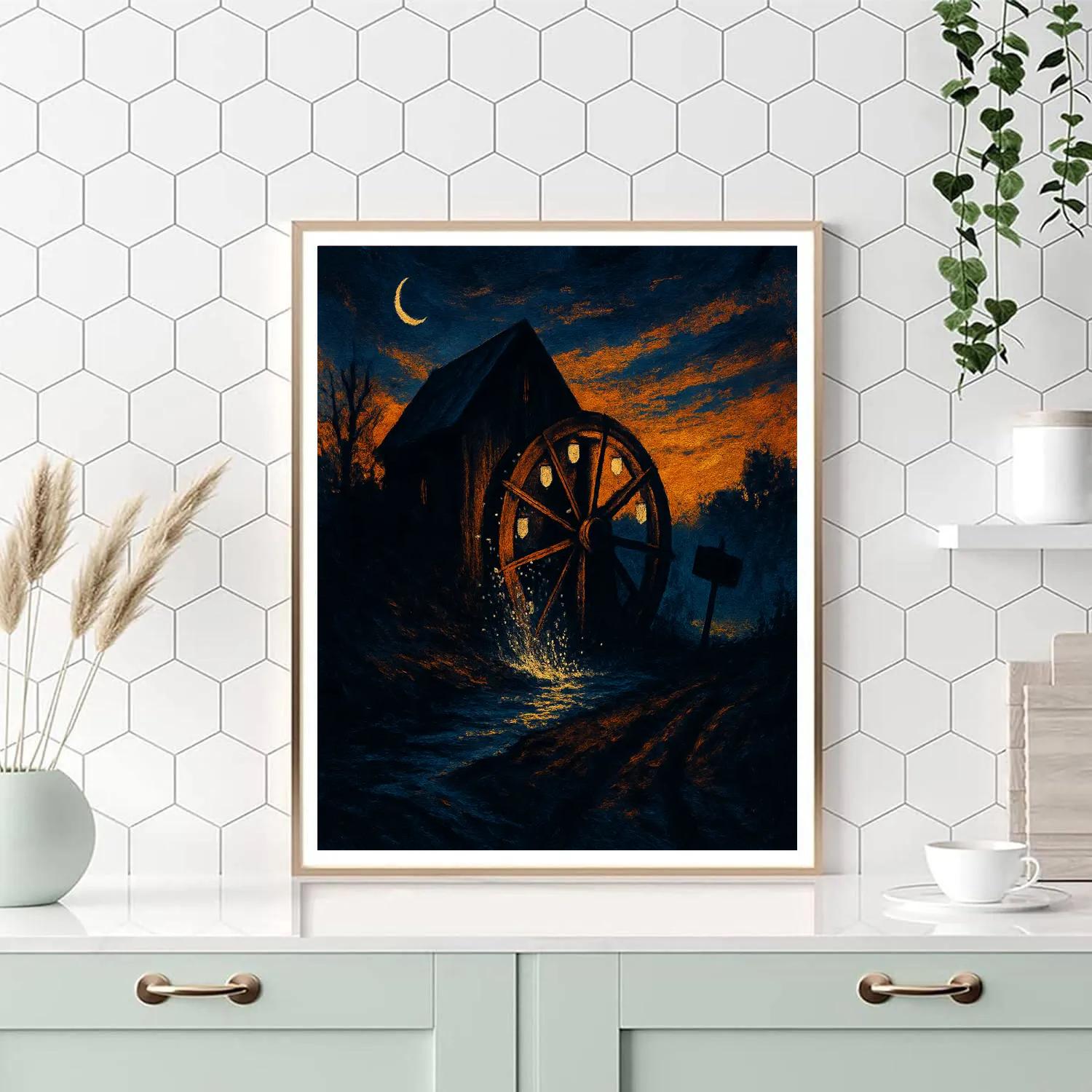 Lantern-Crowned Old Mill Number painting