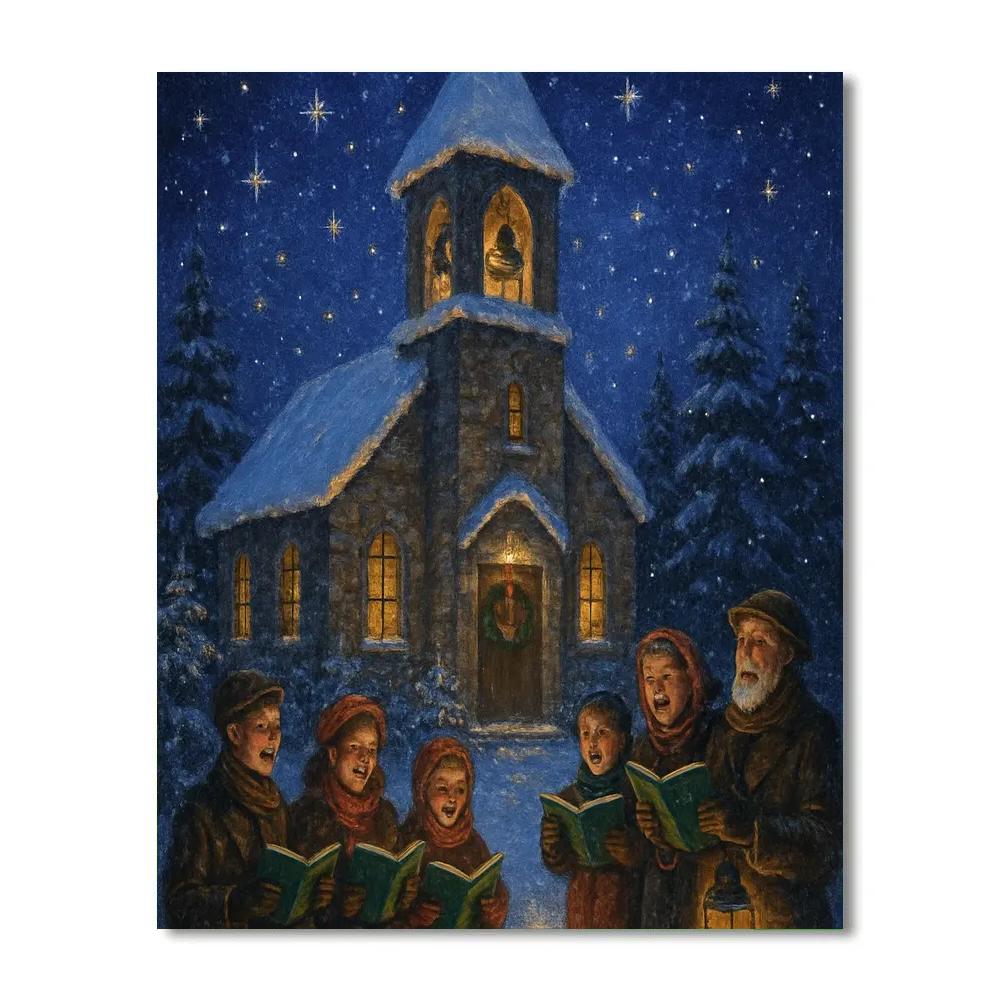 Snow-capped Church Bells Caroling Night paint by number