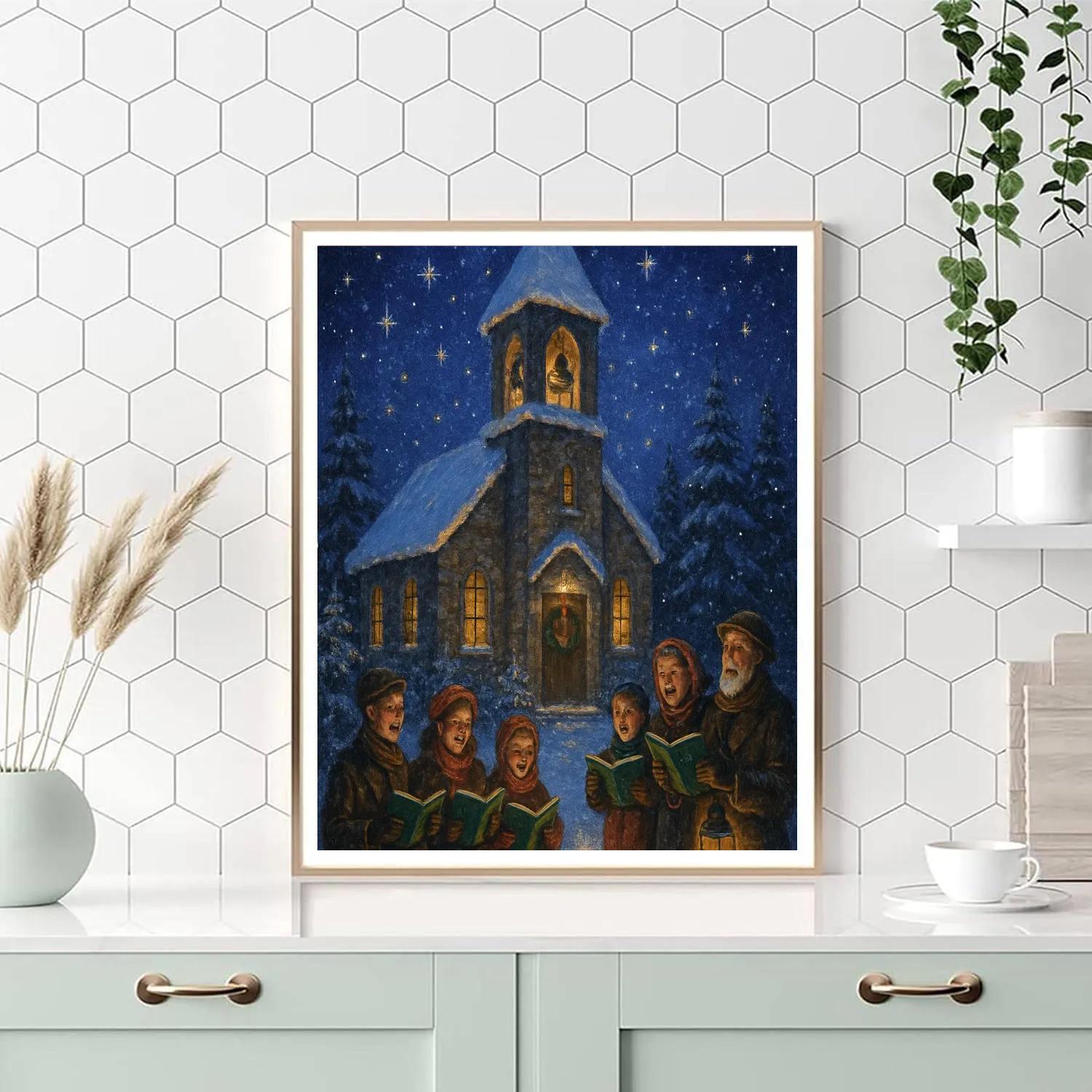 Snow-capped Church Bells Caroling Night paint by number