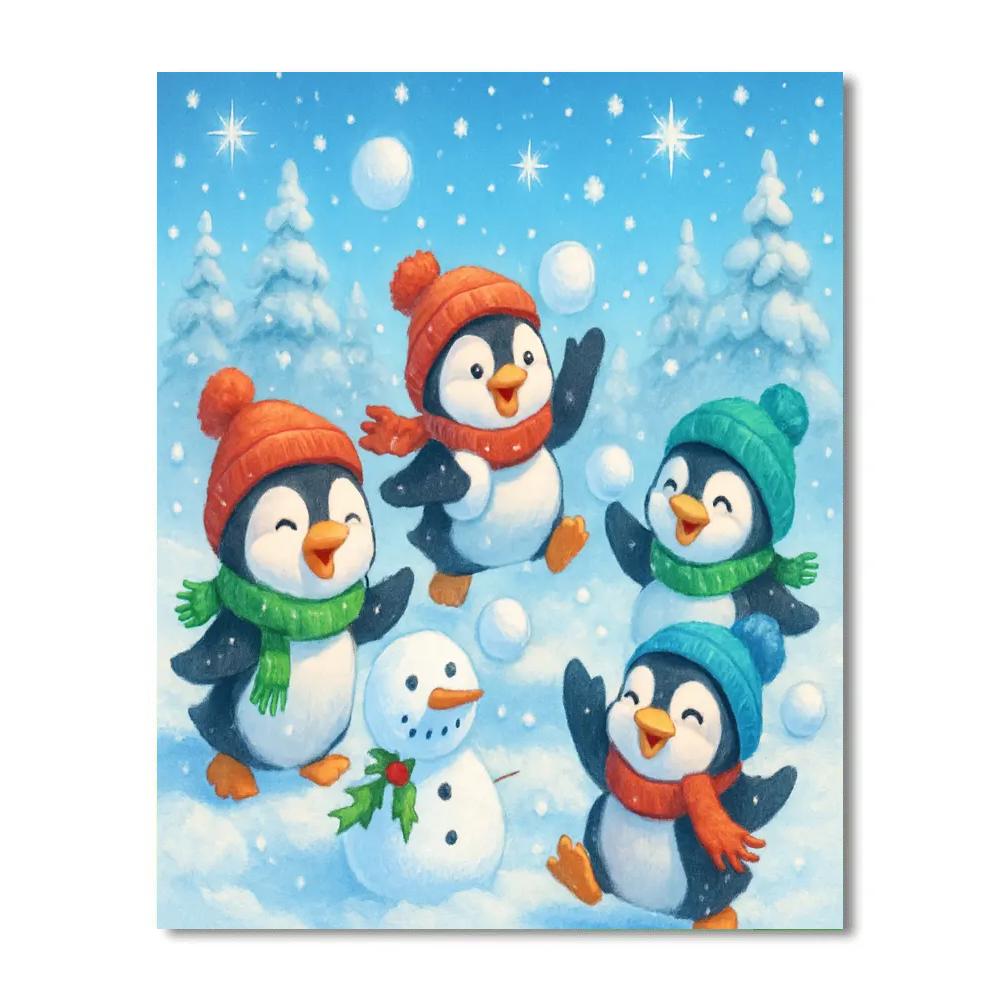 Playful Penguins Holiday Snowball Fight paint by color