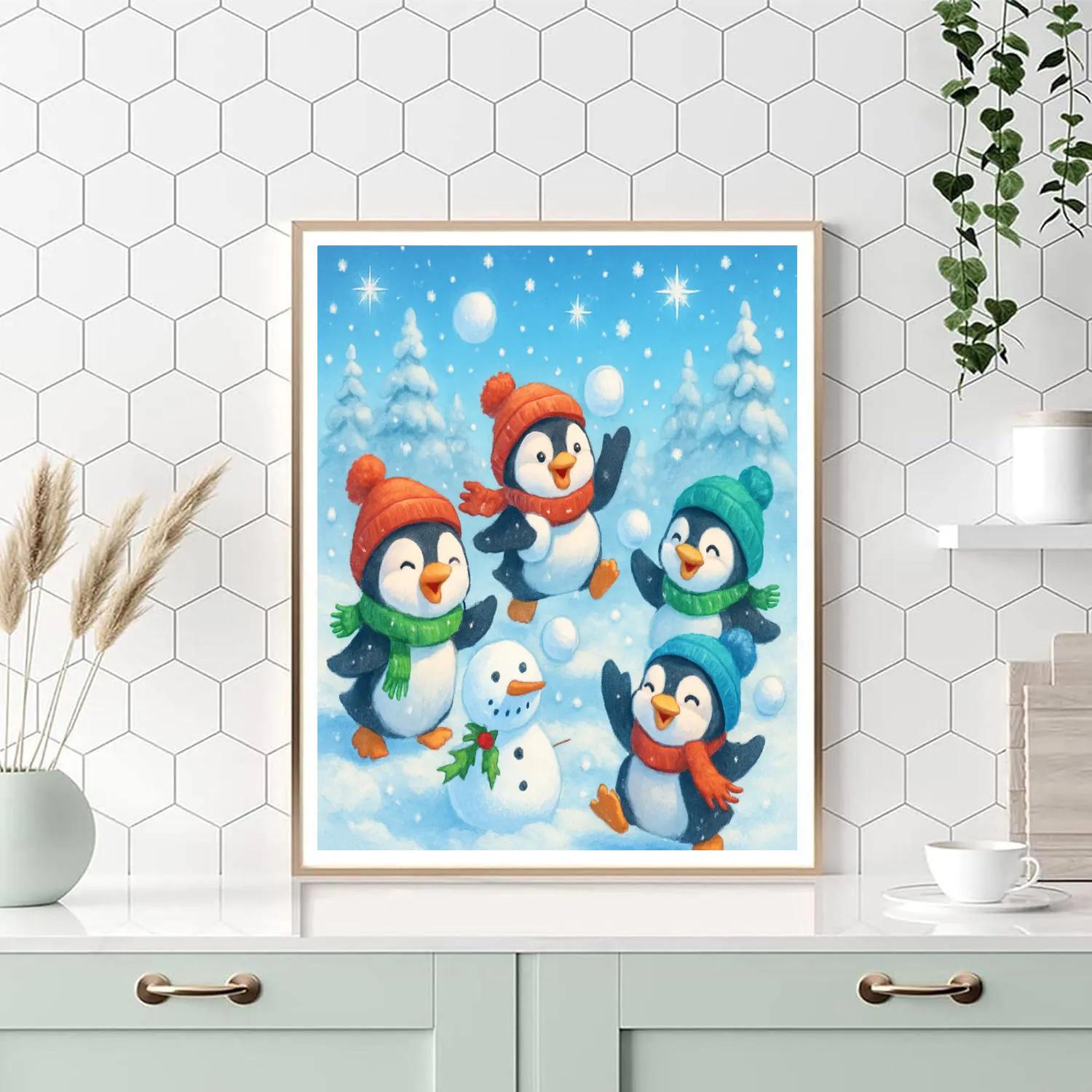 Playful Penguins Holiday Snowball Fight paint by color