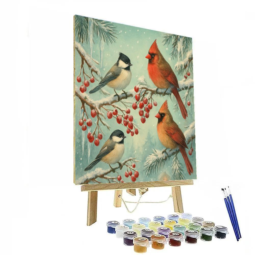 Frosted Tree Branches With Holiday Birds paint by color