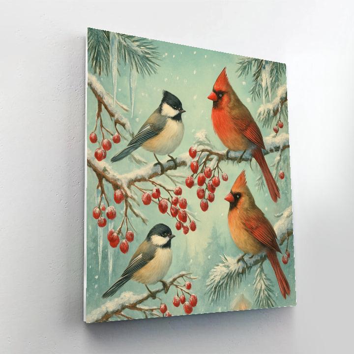Frosted Tree Branches With Holiday Birds paint by color