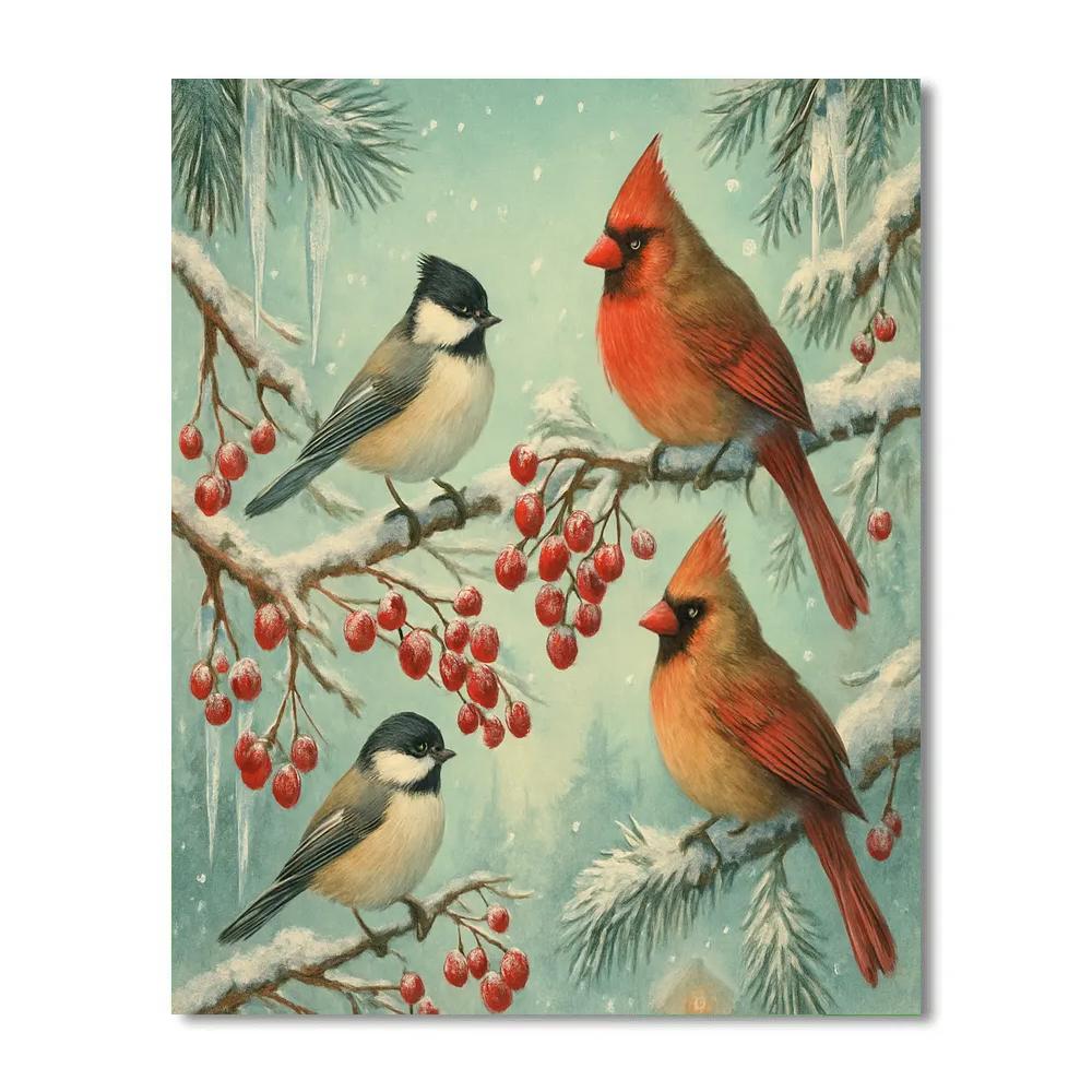 Frosted Tree Branches With Holiday Birds paint by color