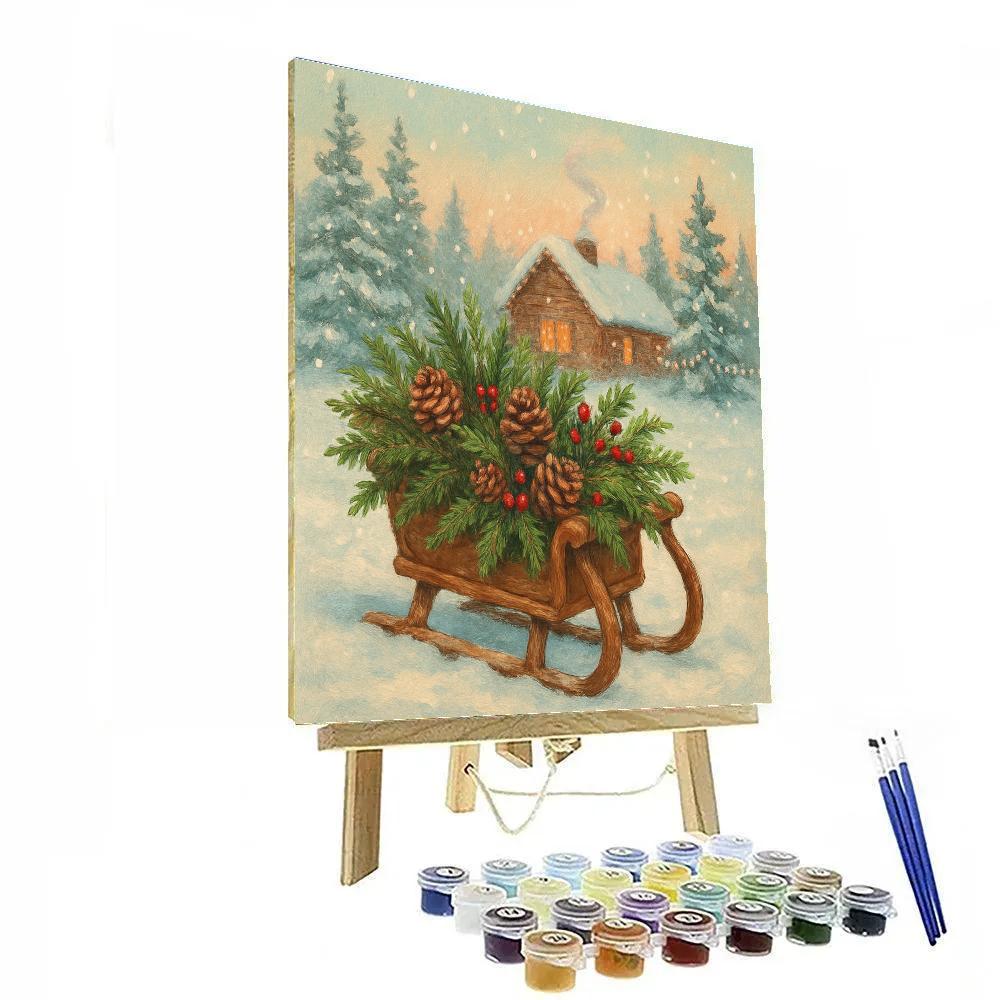Rustic Sleigh With Evergreen Boughs paint by number