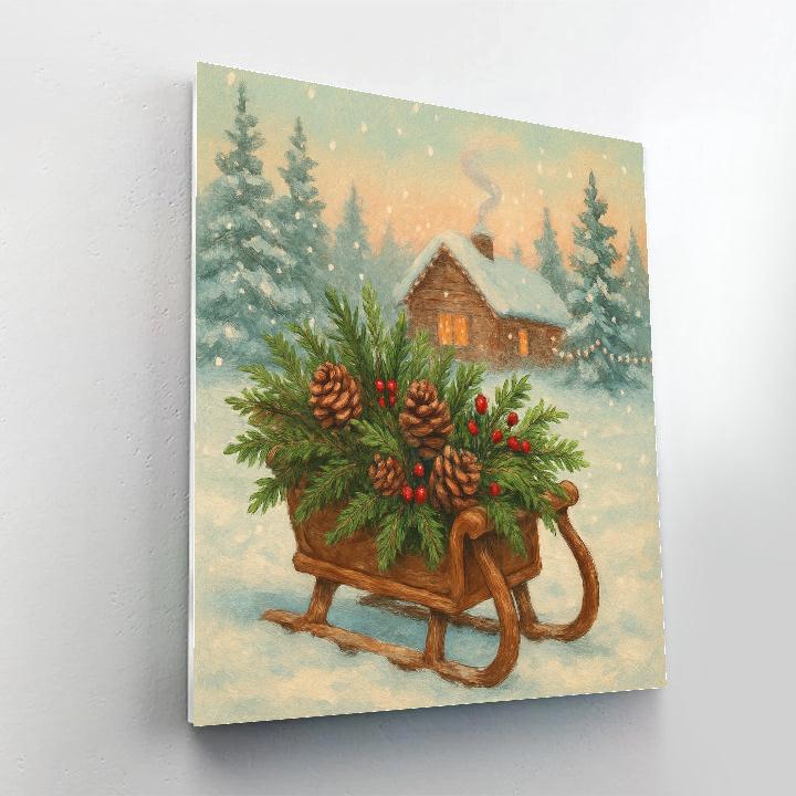 Rustic Sleigh With Evergreen Boughs paint by number