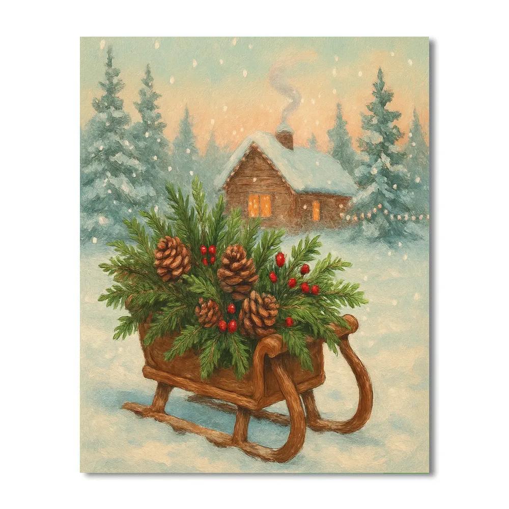 Rustic Sleigh With Evergreen Boughs paint by number