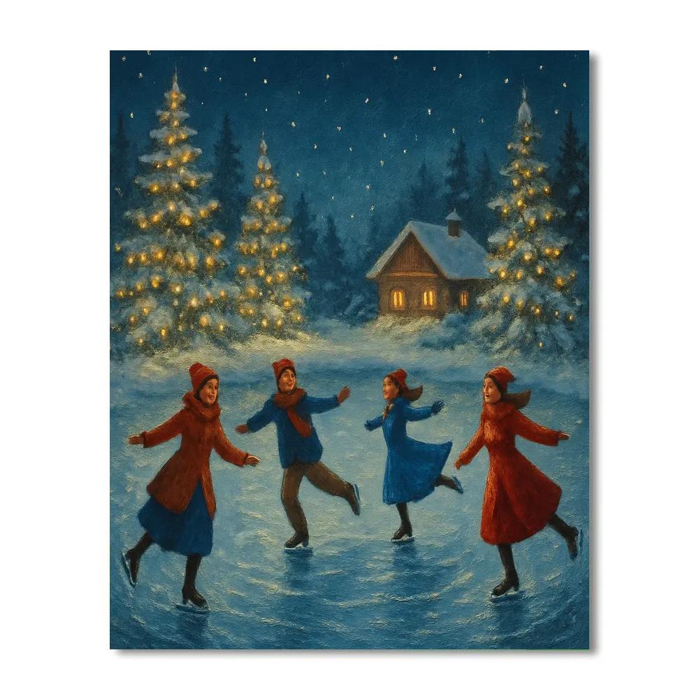 Frozen Lake Skaters Under String Lights Numbered painting kits