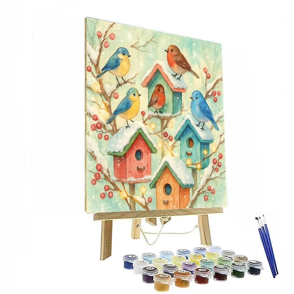 Festive Winter Birdhouse Village Number painting