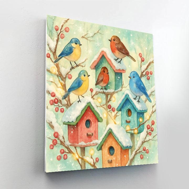Festive Winter Birdhouse Village Number painting