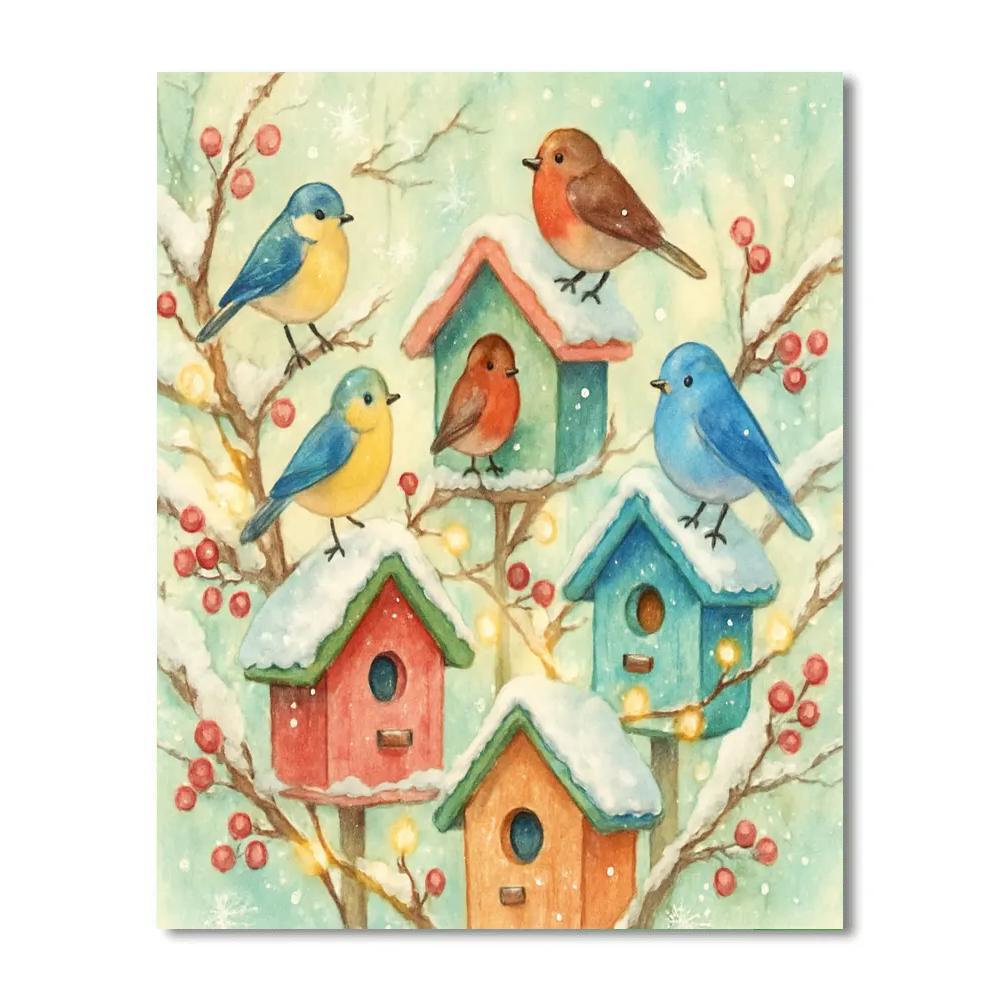 Festive Winter Birdhouse Village Number painting