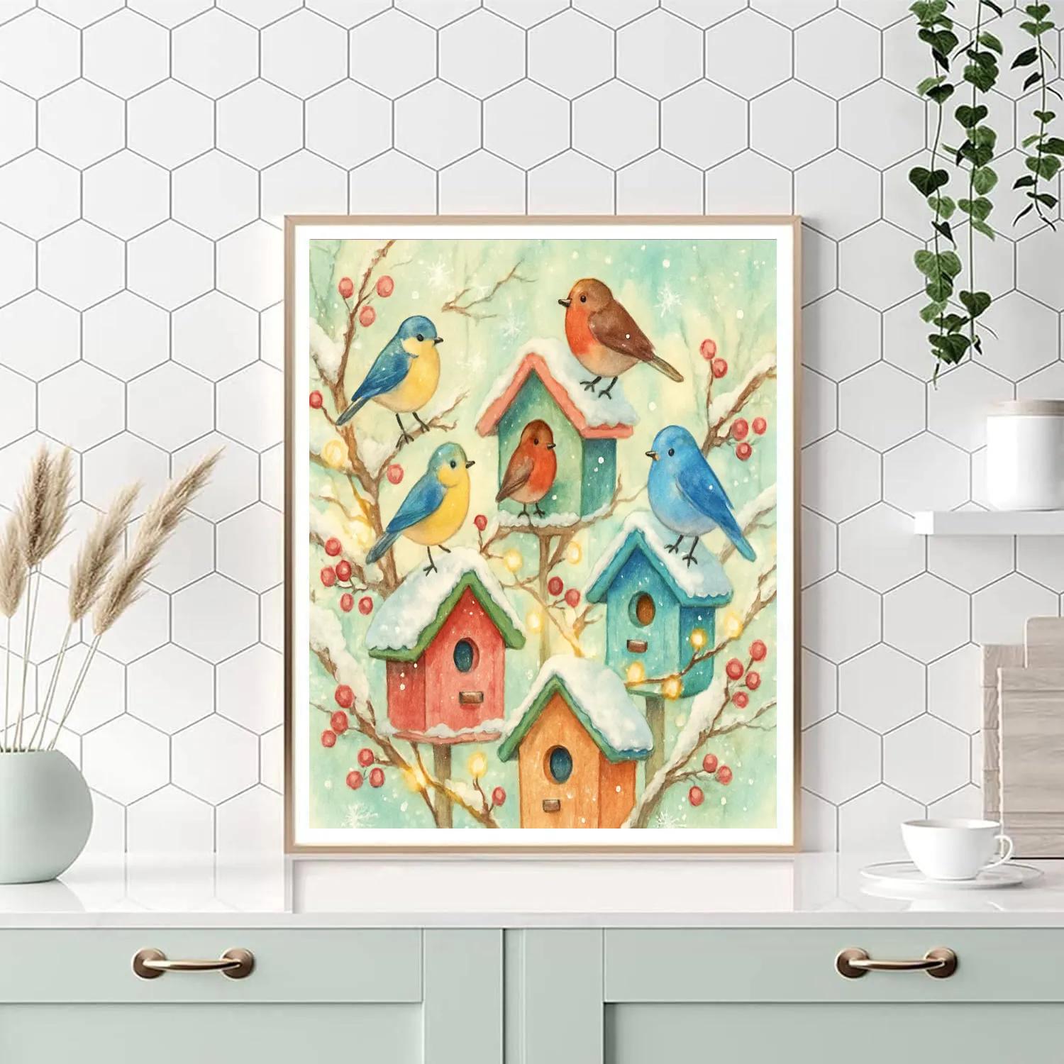 Festive Winter Birdhouse Village Number painting
