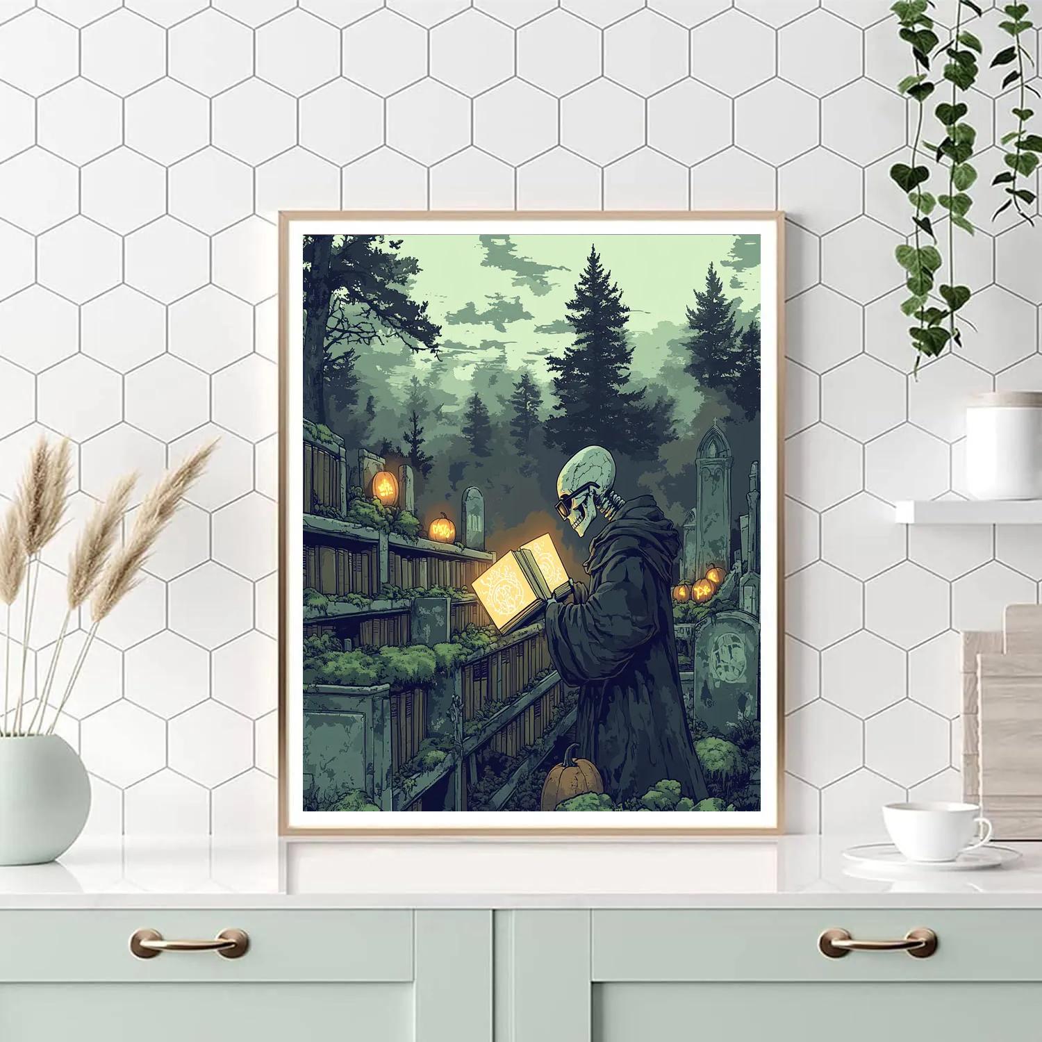 Graveyard Librarian Spooky Number painting