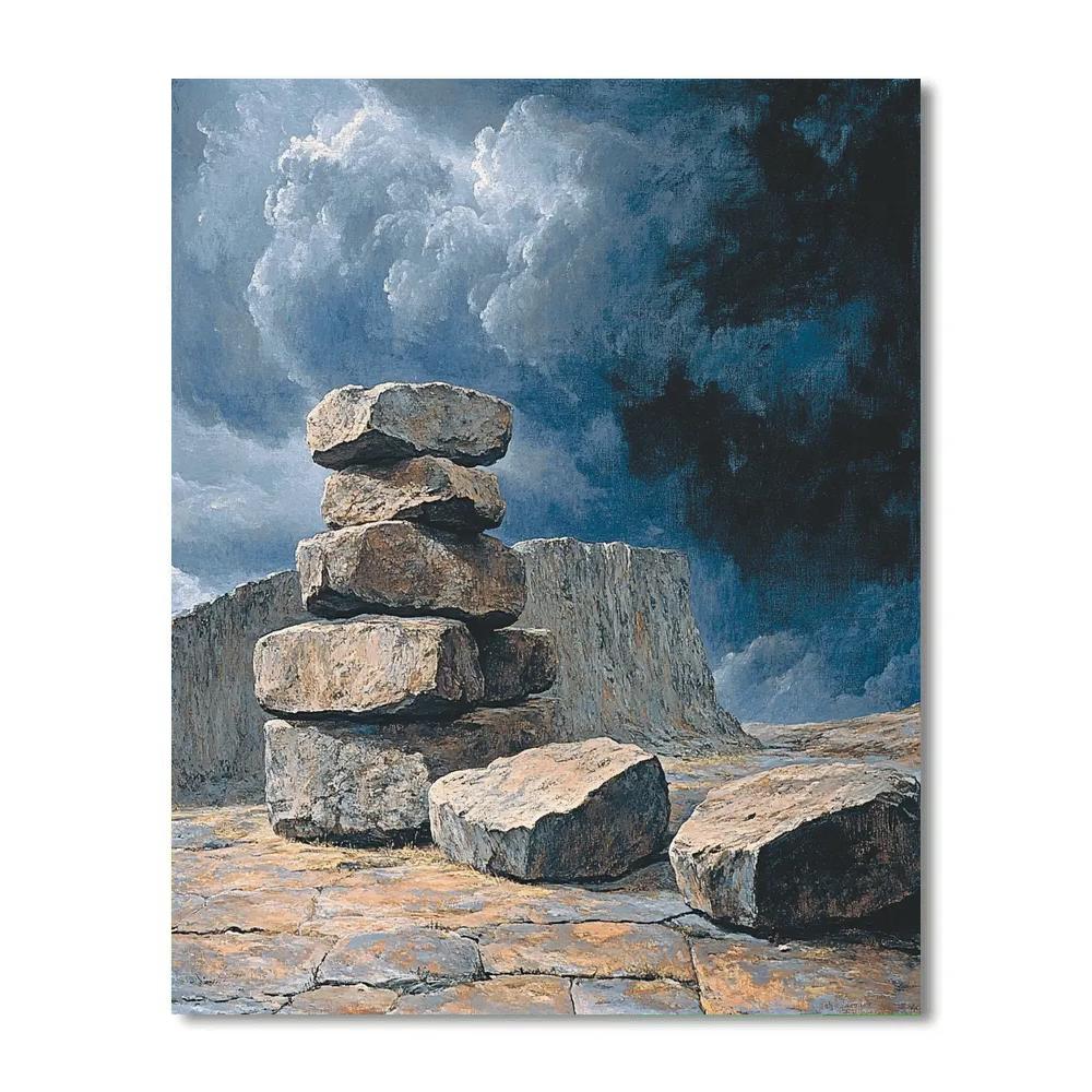 Francisco Goya Inspired Weathered Stones Under Heavy Stormy Sky paint by number