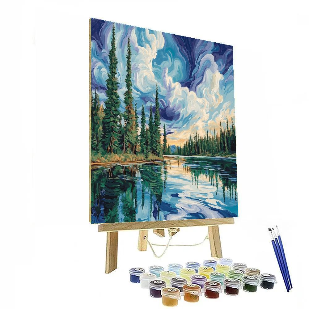 J. E. H. MacDonald Inspired Lakeside Pines With Expressive Skies DIY paint by numbers