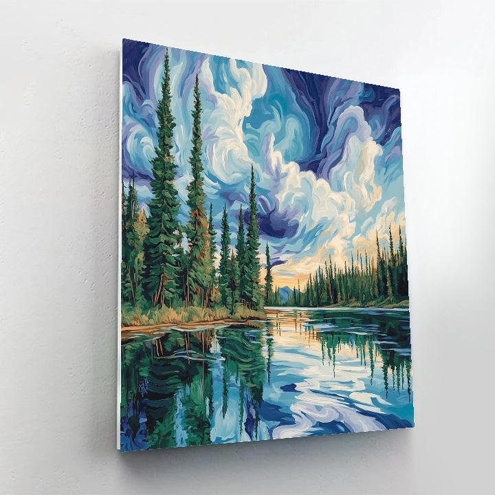 J. E. H. MacDonald Inspired Lakeside Pines With Expressive Skies DIY paint by numbers