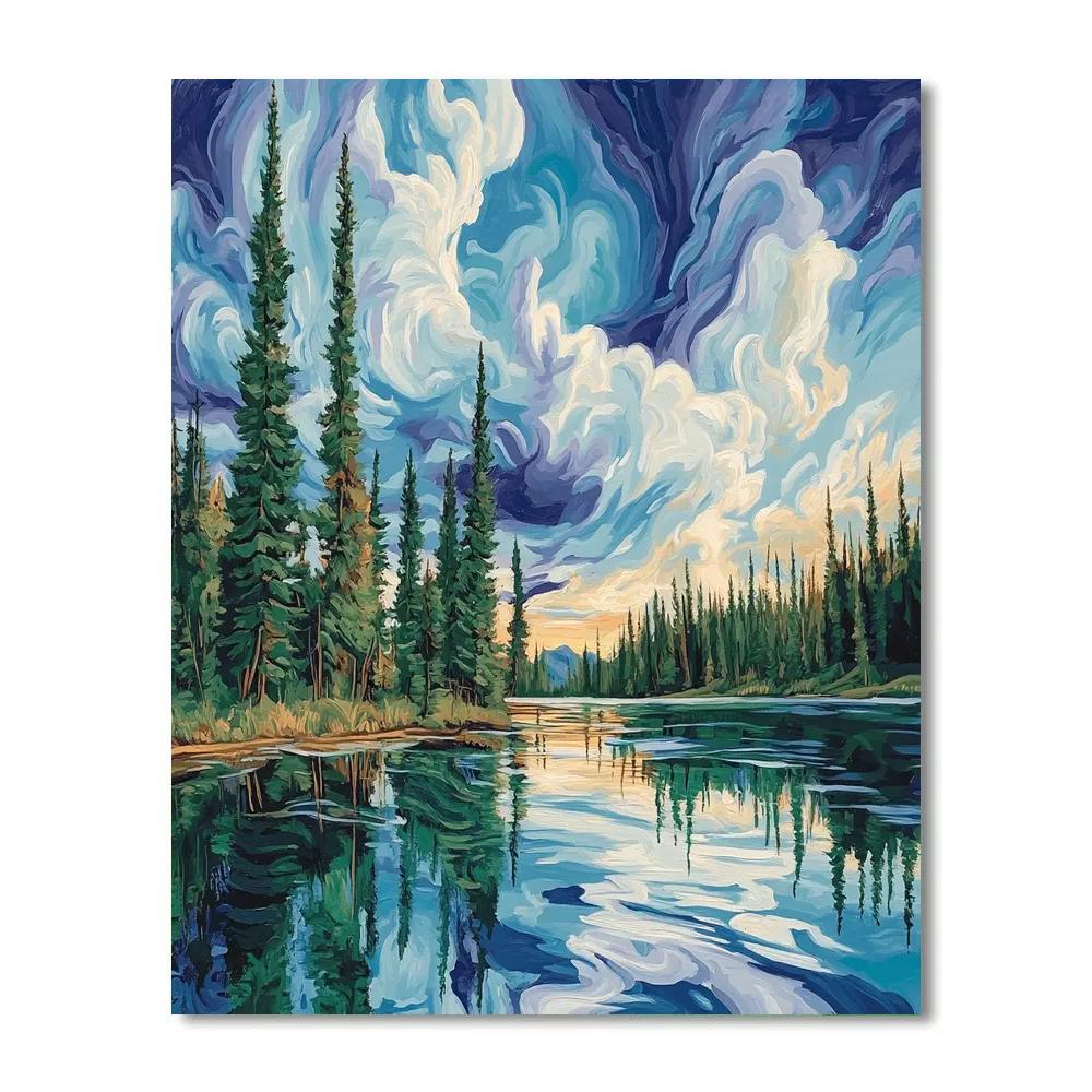 J. E. H. MacDonald Inspired Lakeside Pines With Expressive Skies DIY paint by numbers
