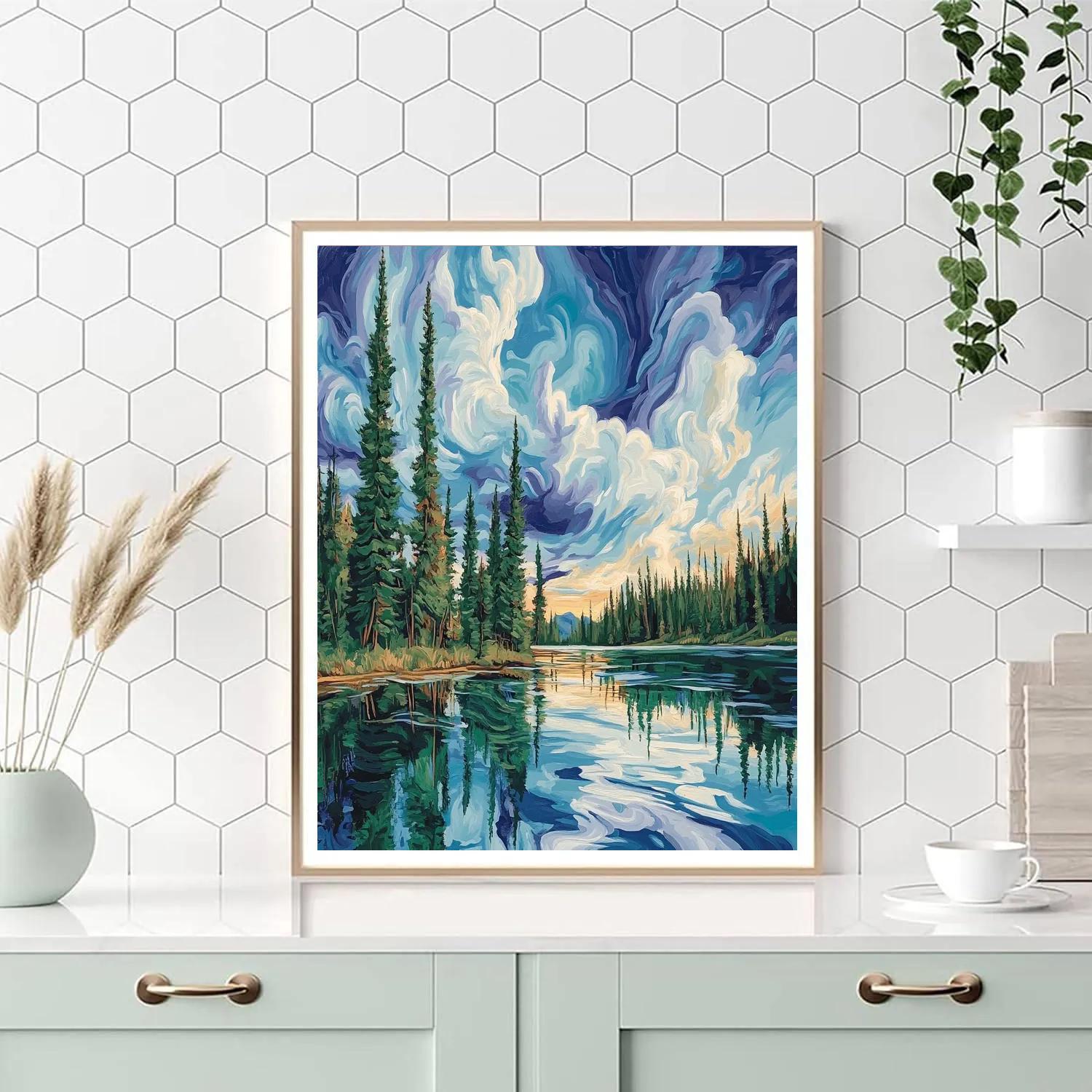 J. E. H. MacDonald Inspired Lakeside Pines With Expressive Skies DIY paint by numbers