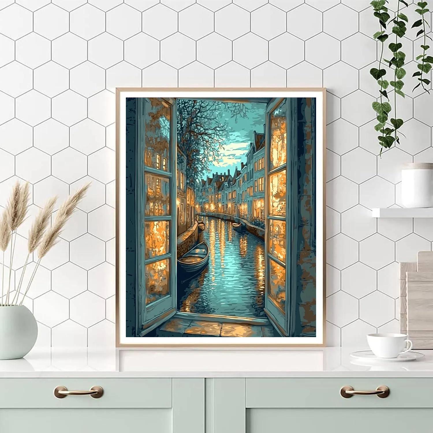 Johannes Vermeer Inspired Glowing Reflection In Delft Canal Window Painting by numbers kit