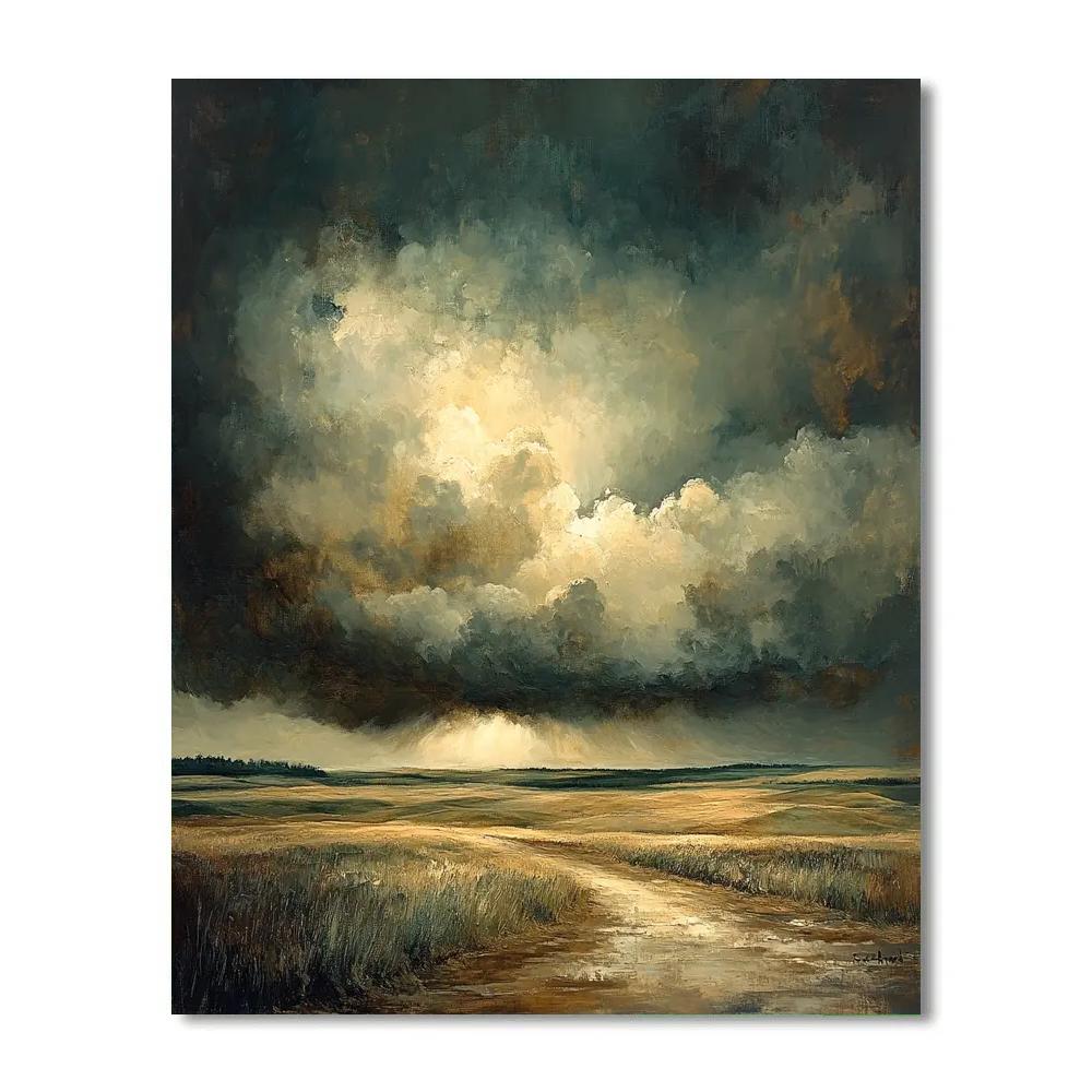 Rembrandt Inspired Storm Clouds Above Rustic Fields paint by color