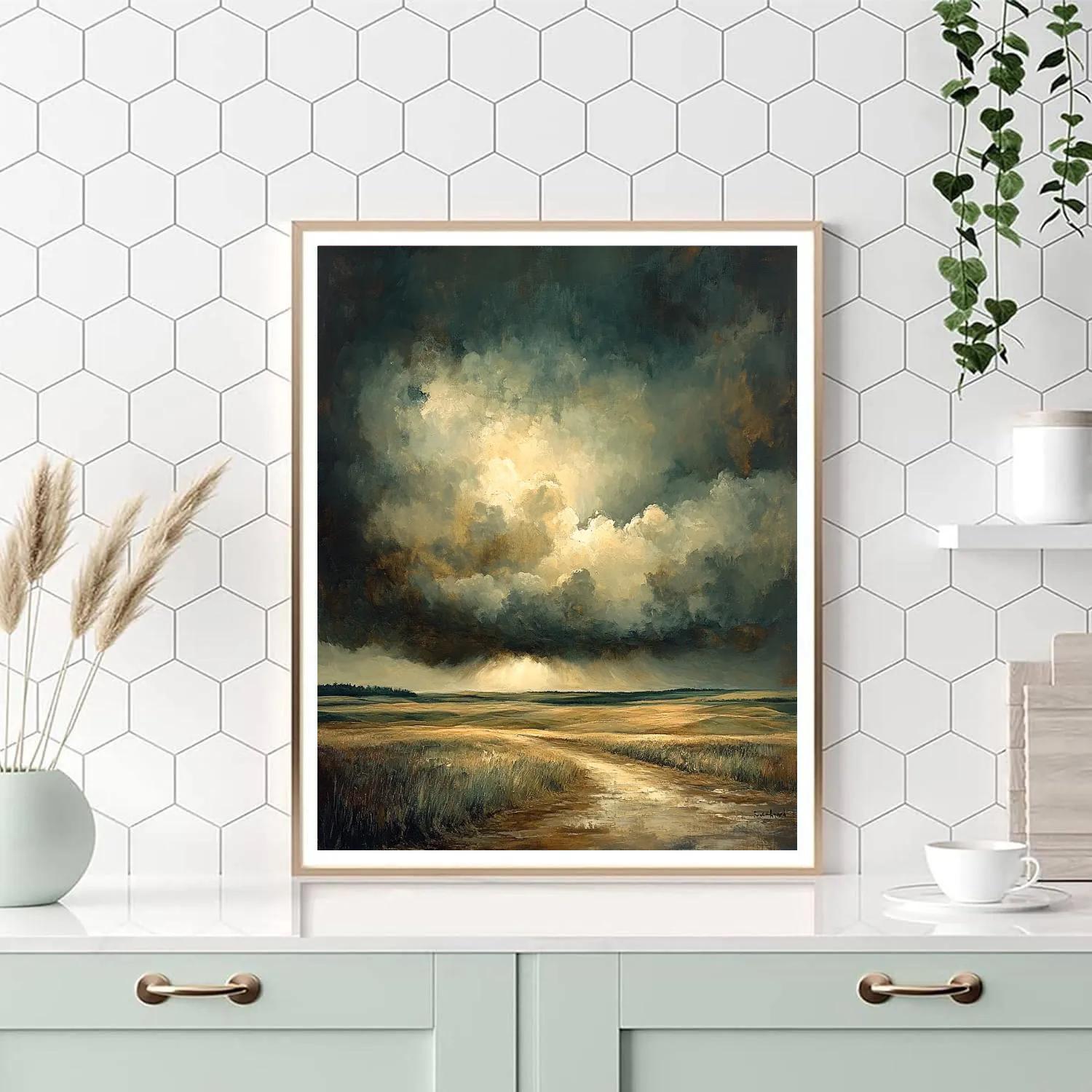Rembrandt Inspired Storm Clouds Above Rustic Fields paint by color