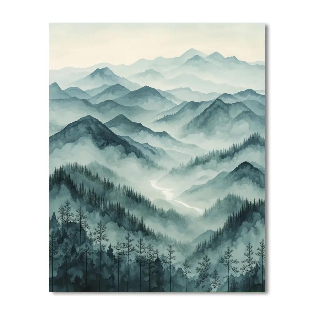 Zhao Mengfu Inspired Mist Over Ancient Ridges paint by color