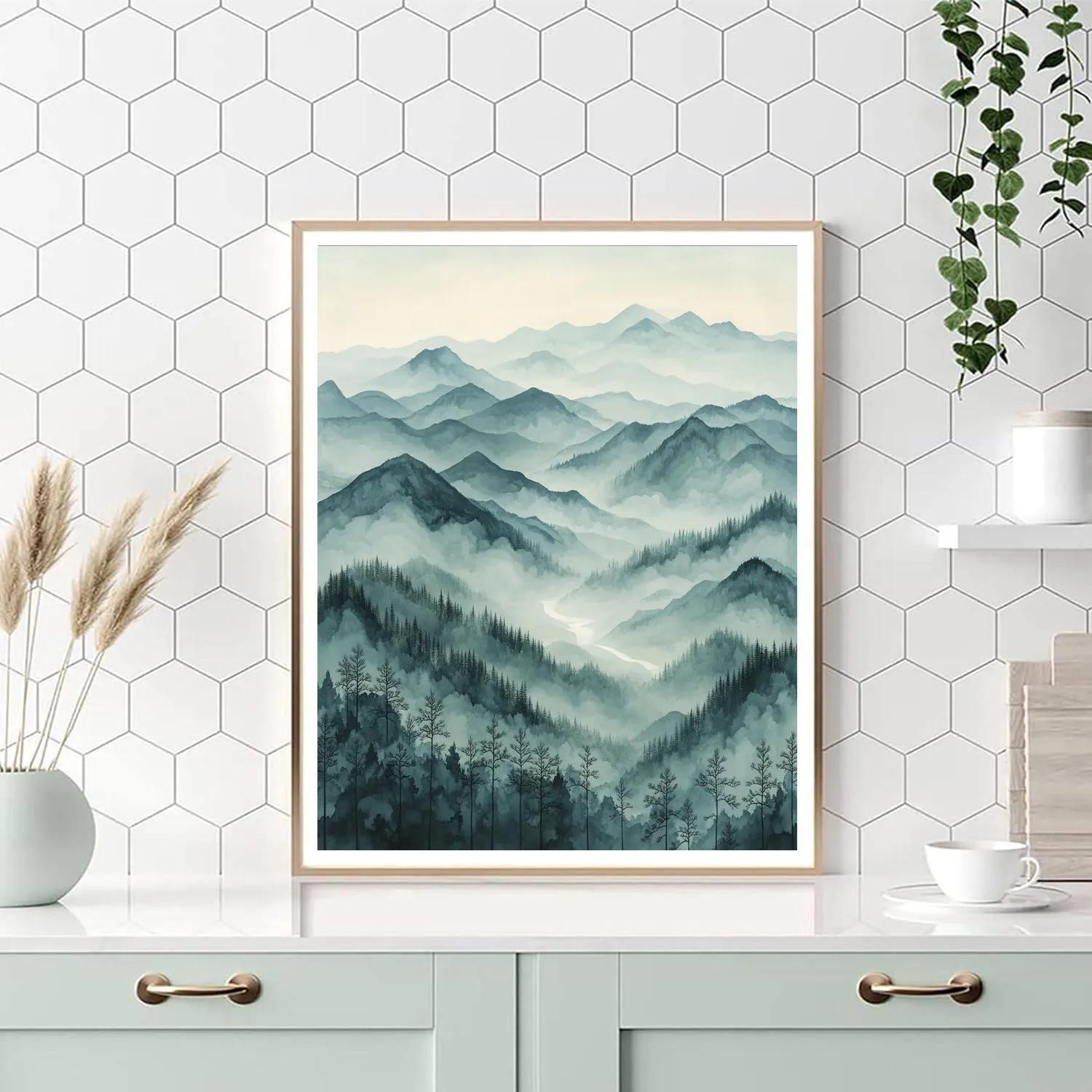 Zhao Mengfu Inspired Mist Over Ancient Ridges paint by color