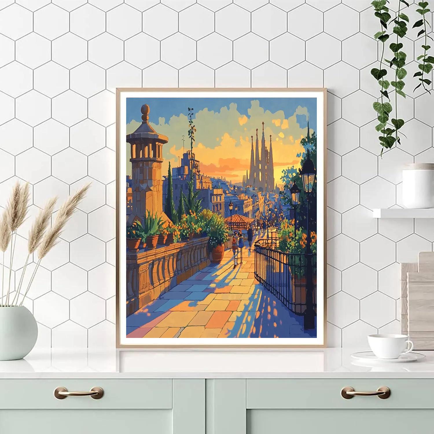 Rooftop Gardens Of Barcelona At Dusk Spain Numbered painting kits