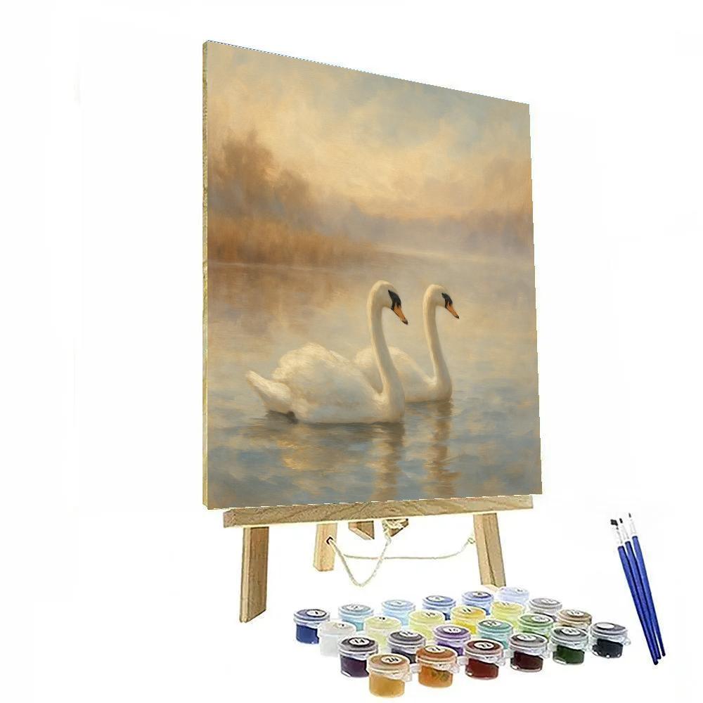 Misty Swans On A Tranquil Lake At Dawn Paint by numbers art