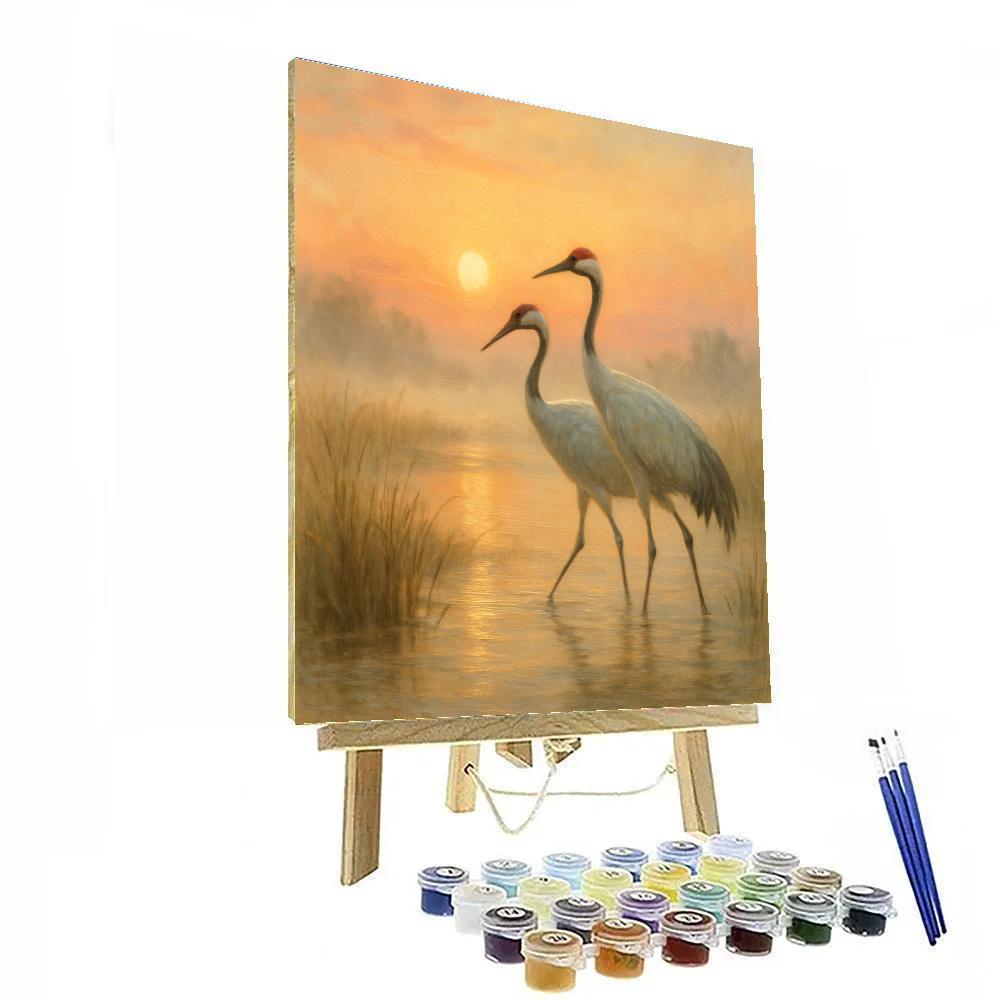 Cranes At Sunrise Over Serene Marsh Paint by numbers art