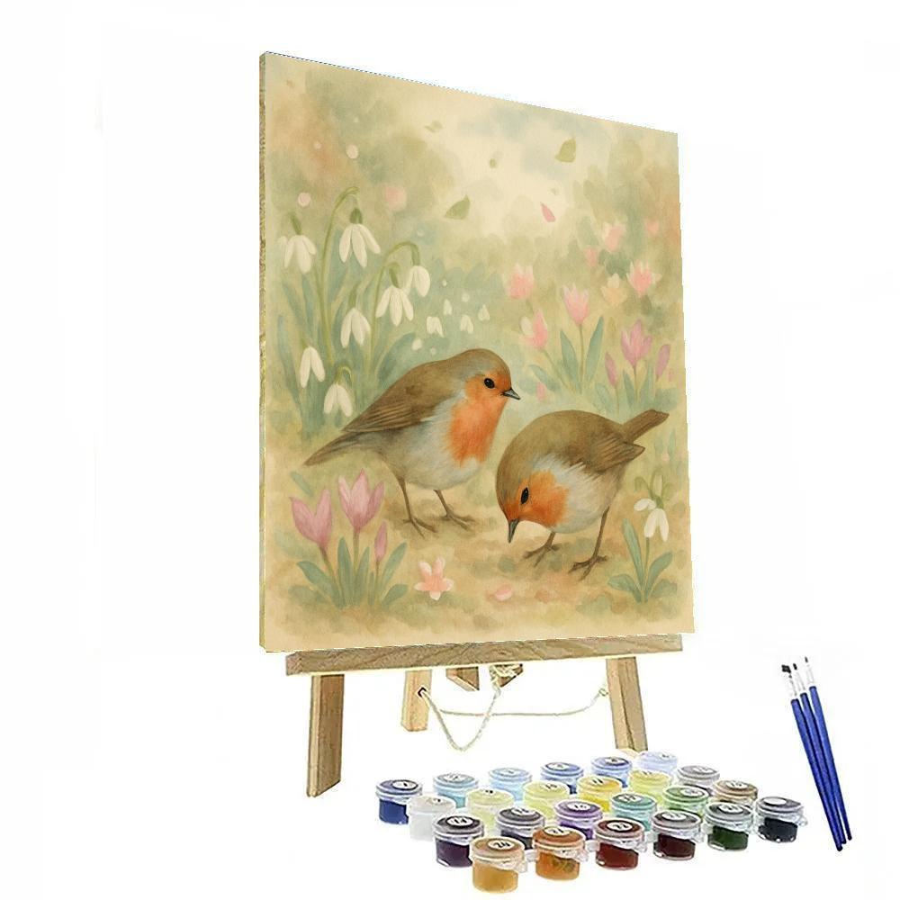 Garden Robins Amid Early Spring Blooms painting number kit