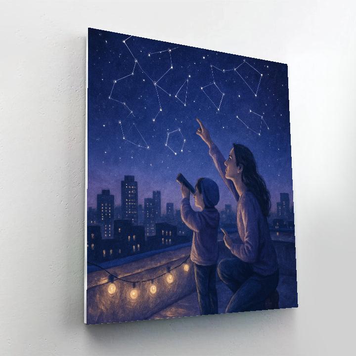 Mom And Child Stargazing On The Rooftop paint by number