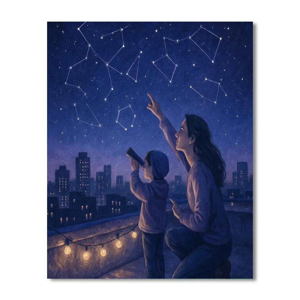 Mom And Child Stargazing On The Rooftop paint by number