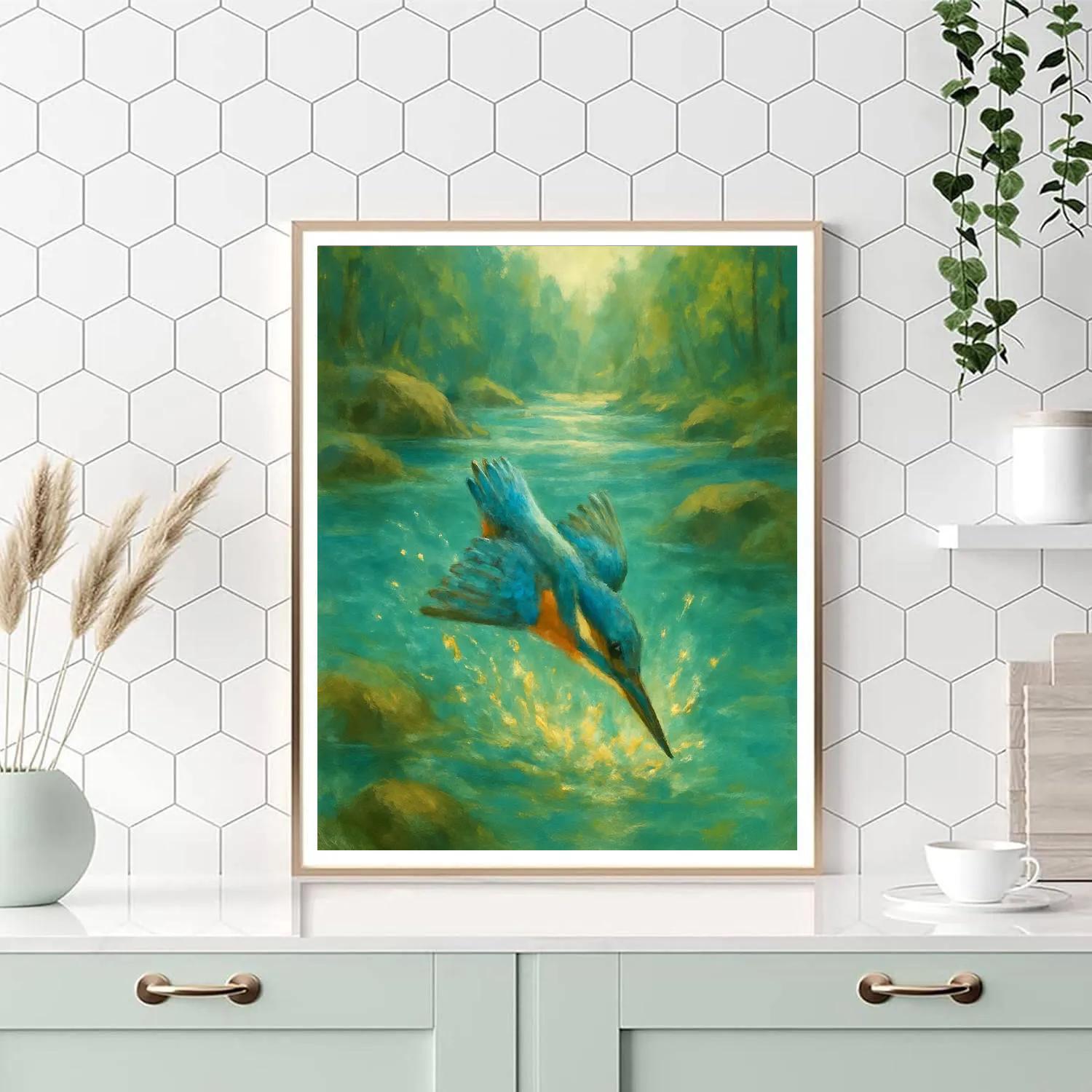 Kingfisher Diving Into Turquoise Stream painting number kit