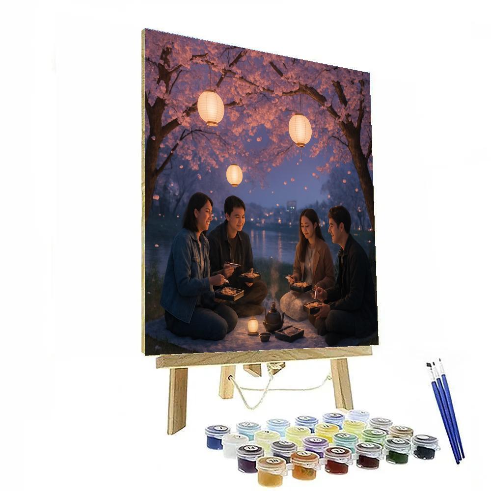 Hanami Cherry Blossom Picnic By Riverside At Twilight Paint by numbers art