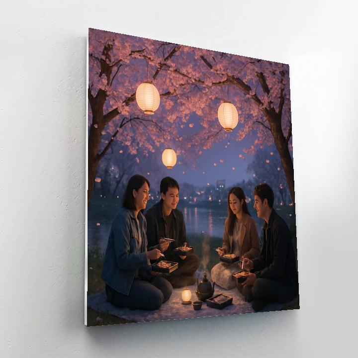 Hanami Cherry Blossom Picnic By Riverside At Twilight Paint by numbers art