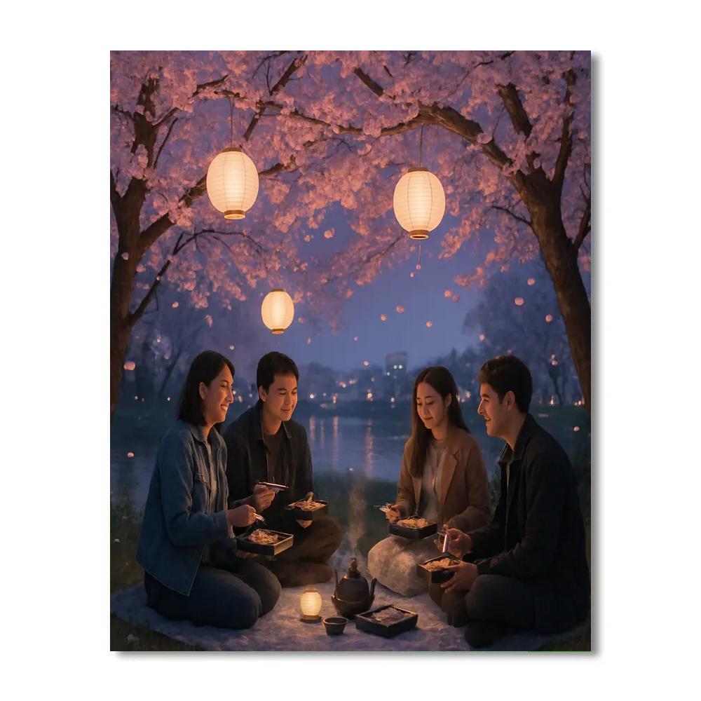 Hanami Cherry Blossom Picnic By Riverside At Twilight Paint by numbers art