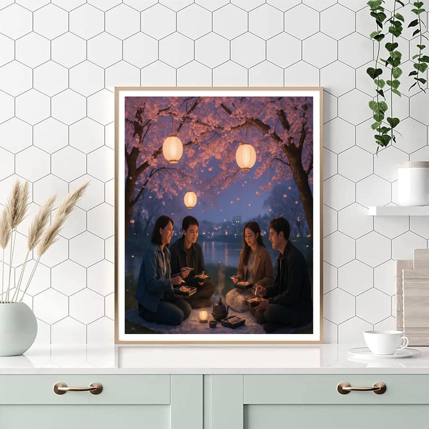 Hanami Cherry Blossom Picnic By Riverside At Twilight Paint by numbers art