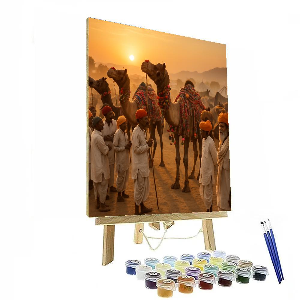 Pushkar Camel Fair At Sunset With Decorated Camels paint by color