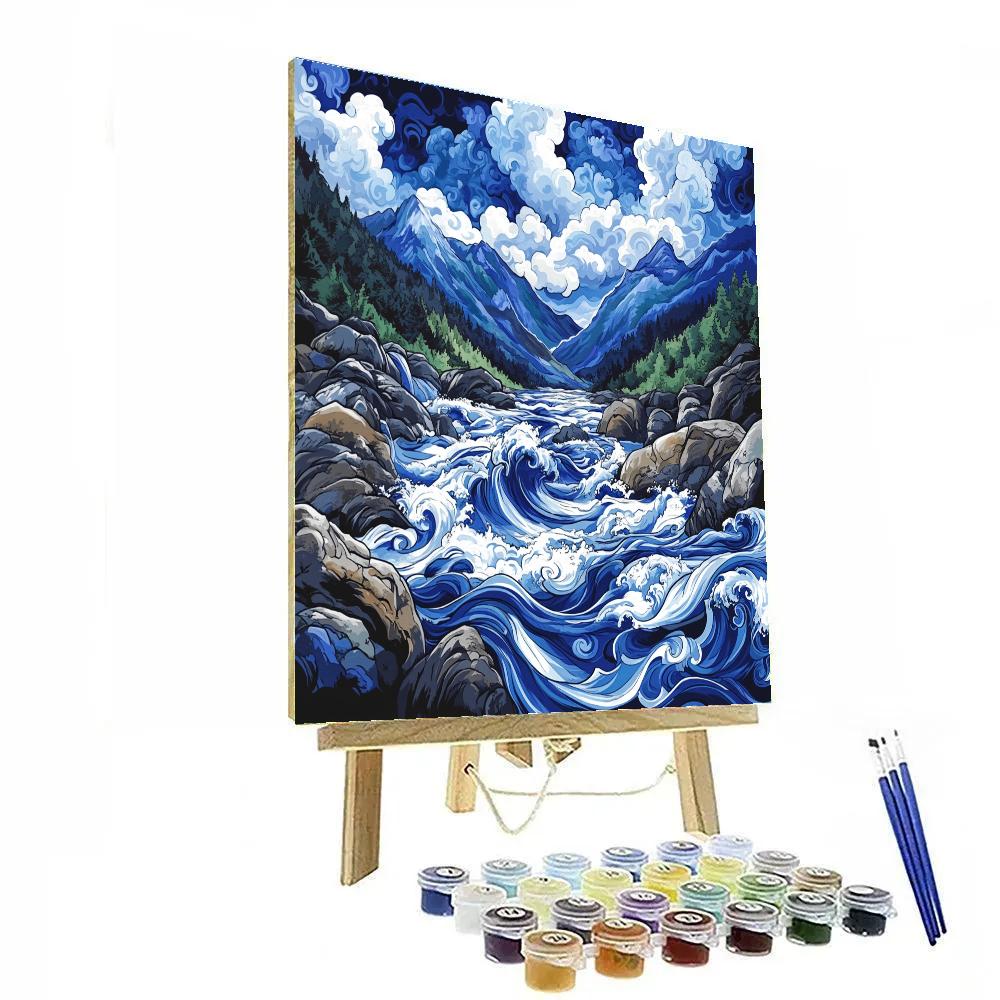 Hokusai Inspired Stormy Mountain River painting number kit