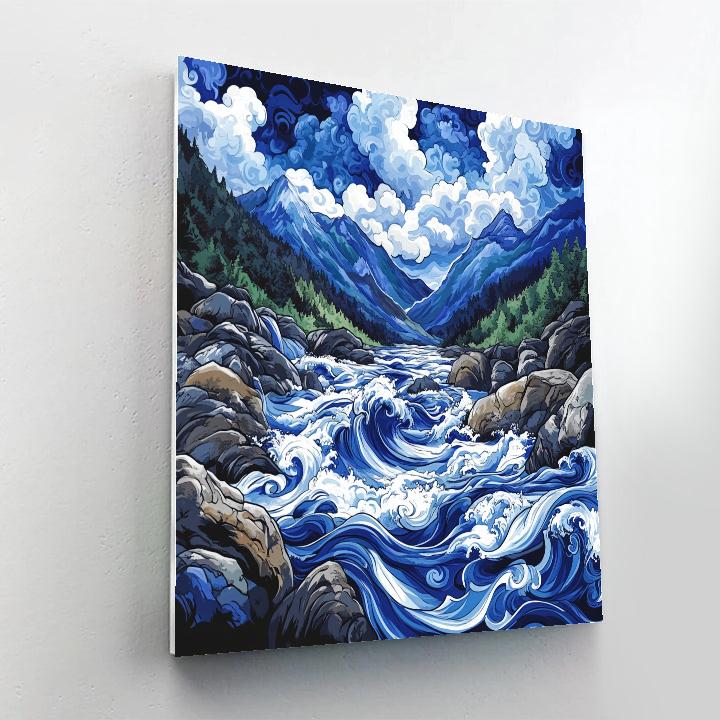 Hokusai Inspired Stormy Mountain River painting number kit
