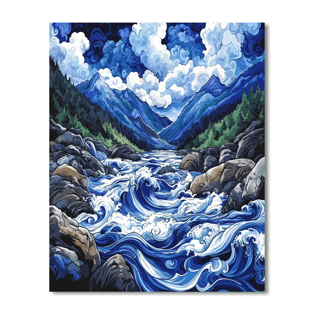 Hokusai Inspired Stormy Mountain River painting number kit